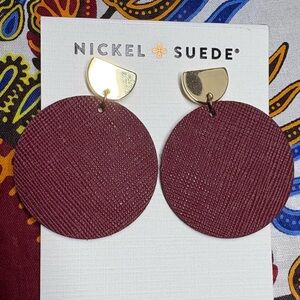 Nickel + Suede Merlot leather disc post Earrings w silver toned hardware